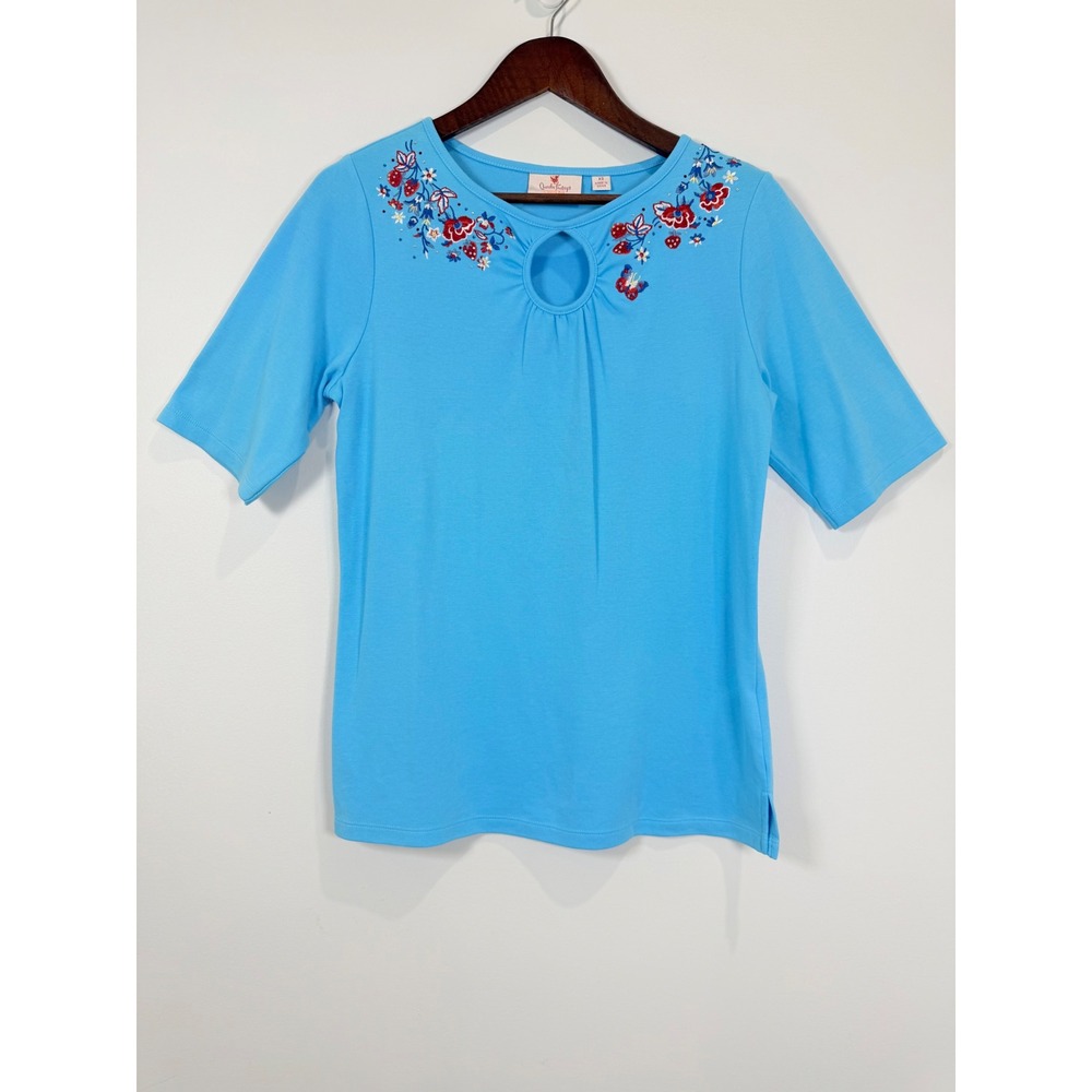 Quacker Factory Blue‎ Embroidered Keyhole Top Floral Butterfly Short Sleeve XS